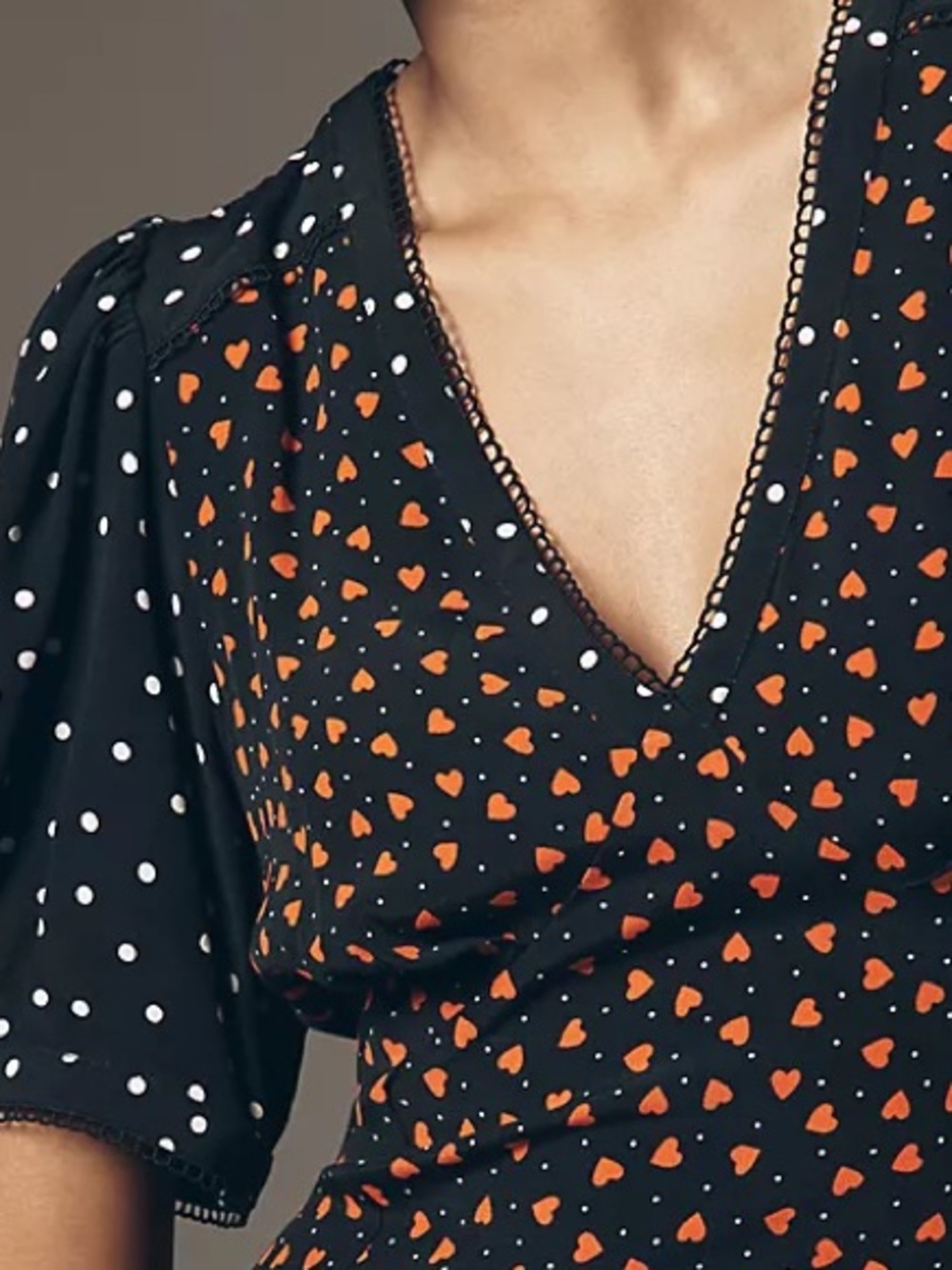 Anthropologie Maeve V-Neck A-Line Maxi Dress Black Polka Dot Hearts Puff Sleeves - Picture 3 of 8